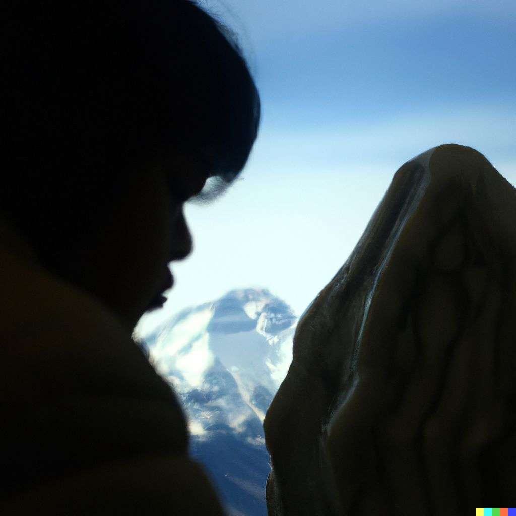 someone gazing at Mount Everest, marble sculpture